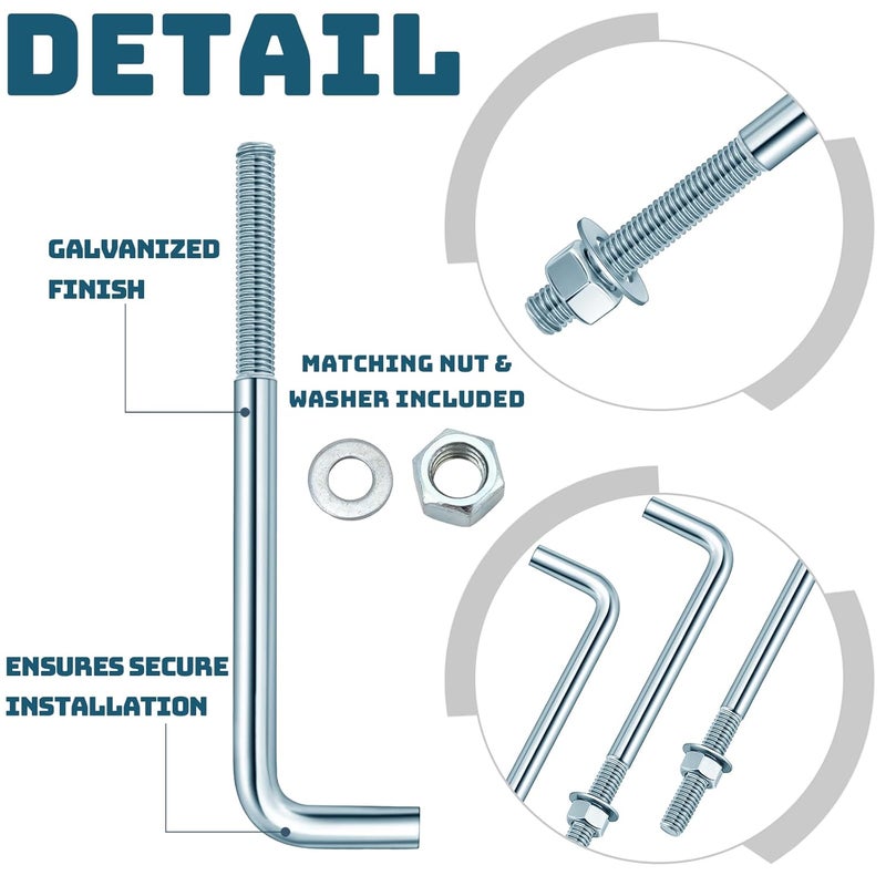 Yaocom 10 Pcs J Bolt Galvanized Anchor Bolts Galvanized Concrete Fastener Concrete Cement Post Anchor with Nuts and Washers for Foundation Wall Hardware Brick Projects, Gray(1/2-13 x 8) - Image 3